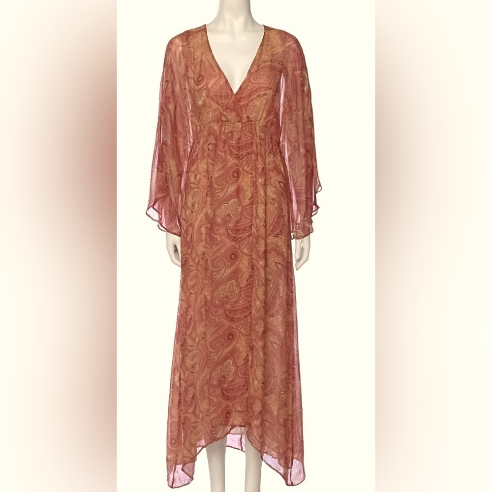Alice + Olivia Pink Silk Chiffon Long Dress Sz S Paisley Print V-Neck Slit Gown